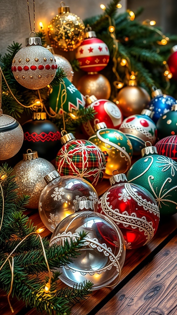 Homemade Glass Christmas Ornaments Recipe Colorful glass Christmas ornaments with glitter and paint, displayed on a wooden table with pine branches and lights.